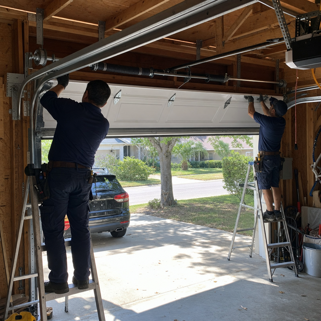 Technicians installing a white garage door