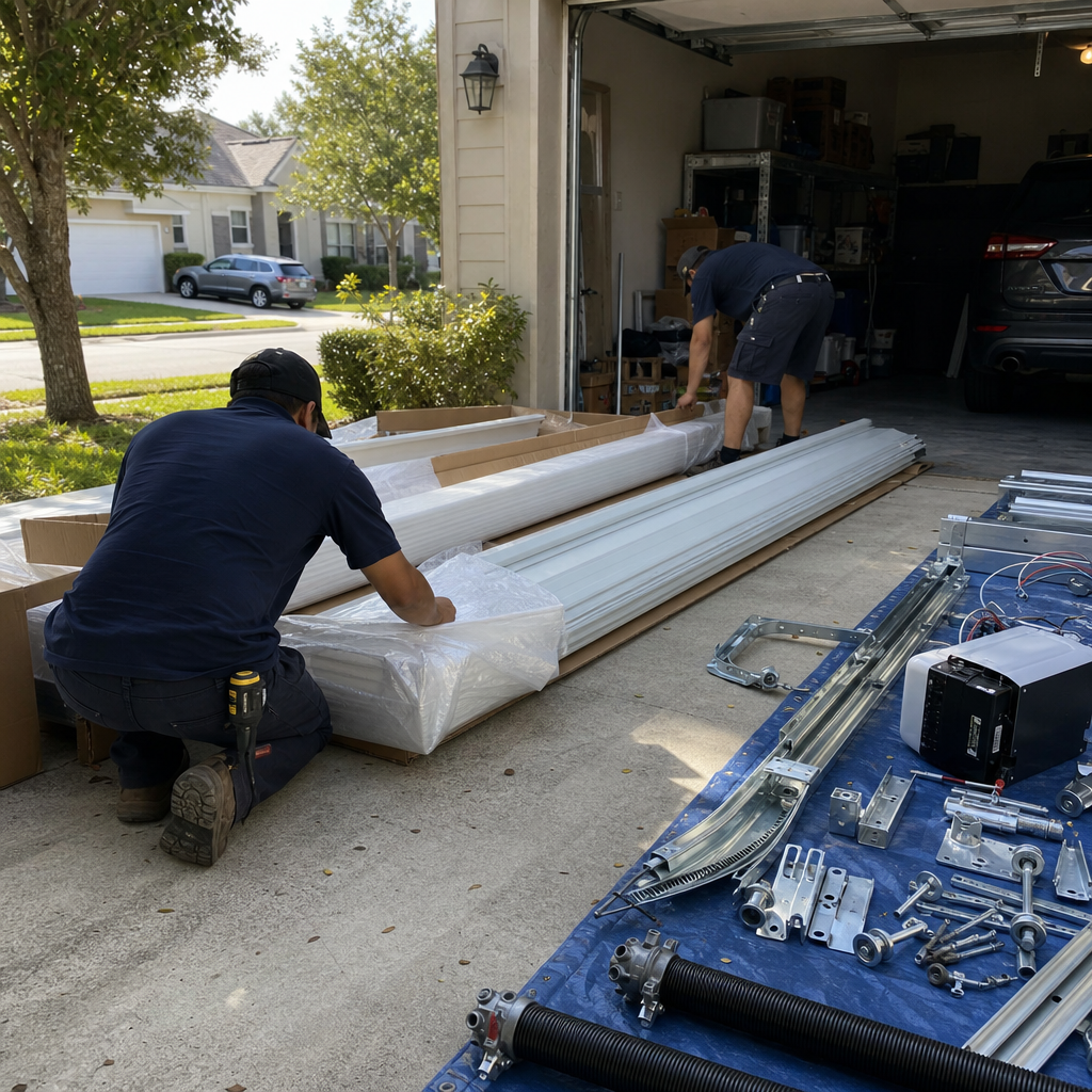 Garage door installer assembling new garage door parts