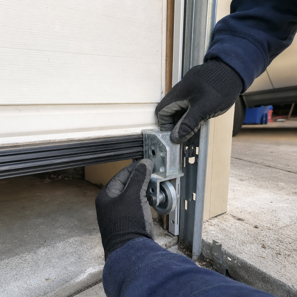 Gloved hands fix garage door roller assembly for emergency repair. in Williamsburg, FL