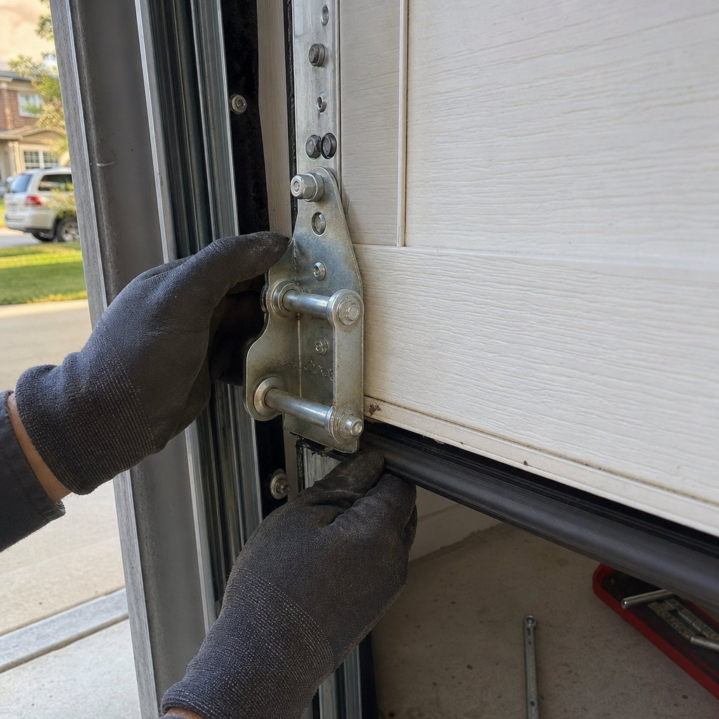 Garage door repair technician working on seal during emergency service in Williamsburg, FL