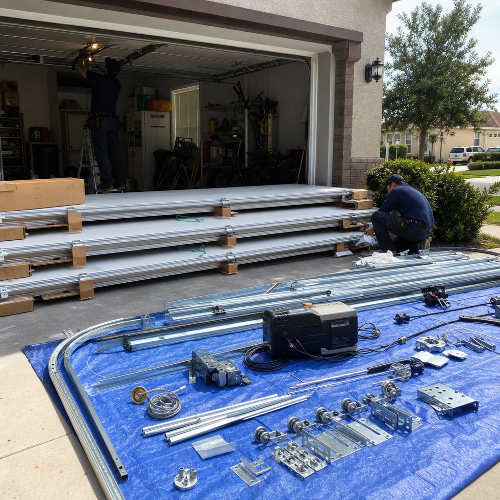 Garage door installation in progress with parts laid out