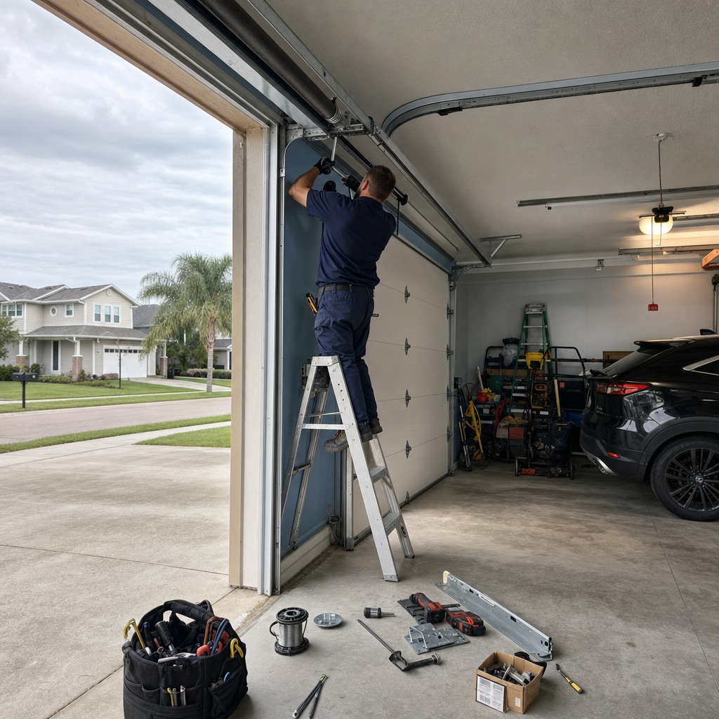 Technician installing garage door parts on ladder in Orange County, FL