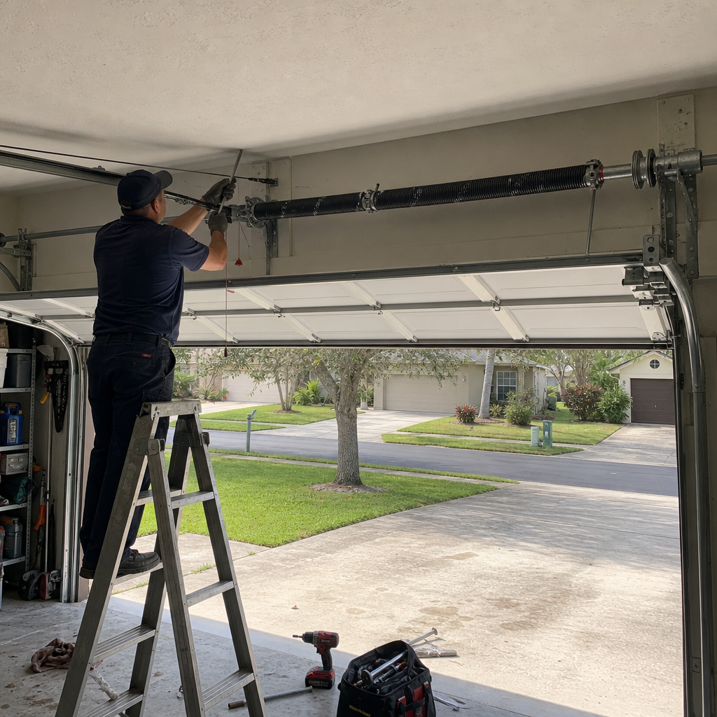 Garage door repair technician replacing torsion spring on ladder